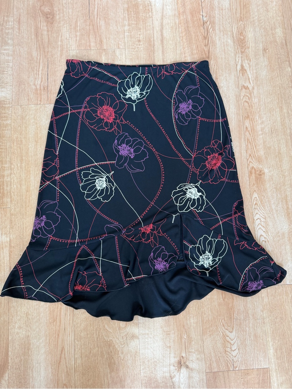 BCBG Paris Black Midi Skirt with Red White and Purple Floral Print